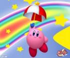 Yıldızlar ve gökkuşağı arasında uçan bir şemsiye ile Kirby